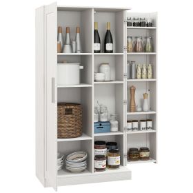 Kitchen Pantry, 14-Tier Freestanding Cupboard with 2 Doors, Adjustable Shelves for Dining Room & Bedroom, White