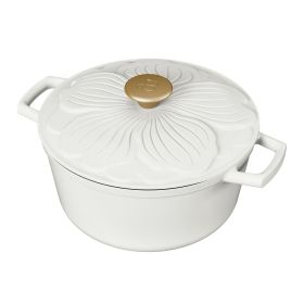 4 Quart Enameled Cast Iron Round Dutch Oven with Petal Design Lid, White Icing by Drew