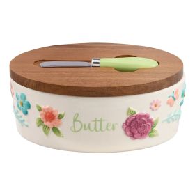Painted Meadow Butter Dish with Acacia Wood Lid and Serving Knife