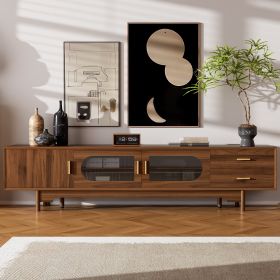 78inch TV Stand For TVs Up To 85, Modern TV Cabinet With Fluted Glass Doors  2 Drawers, For Living Room, Entertainment Center With Cable Manageme (Option: Walnut)