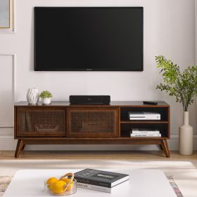 59 Inch Mid Century Modern Rattan TV Stand For 65 Inch TV, Entertainment Cabinet, Media Console For Living Room Media Room, Solid Wood Feet & Rat (Option: Walnut)